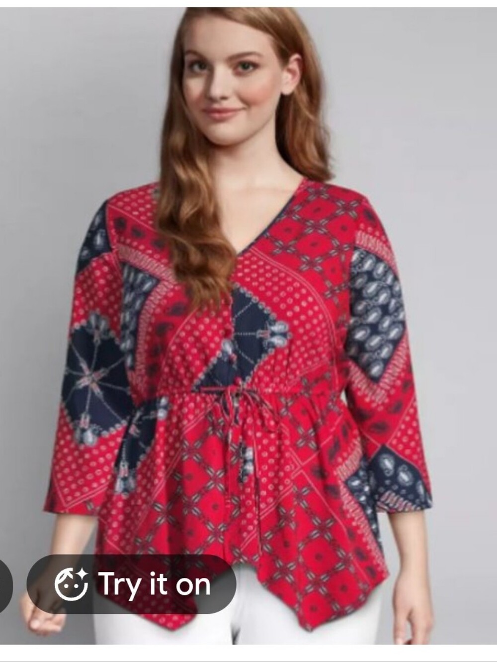 Woven Patchwork Print Drawstring Waist Top - Red
